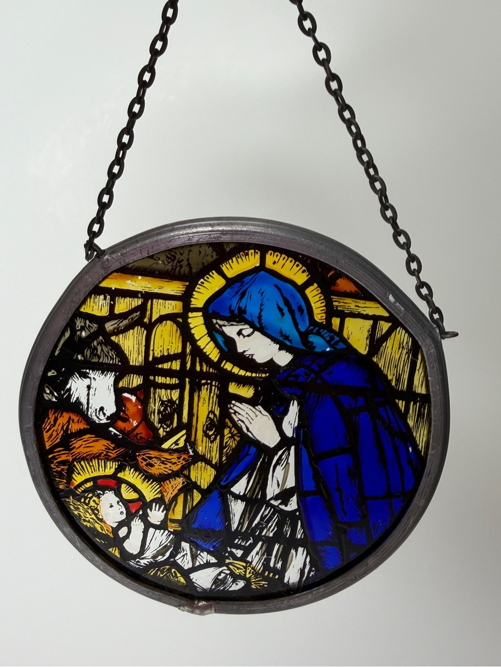 WINGED HEART Madonna & Child Hand Painted Stained Glass Window Decor Roundlette